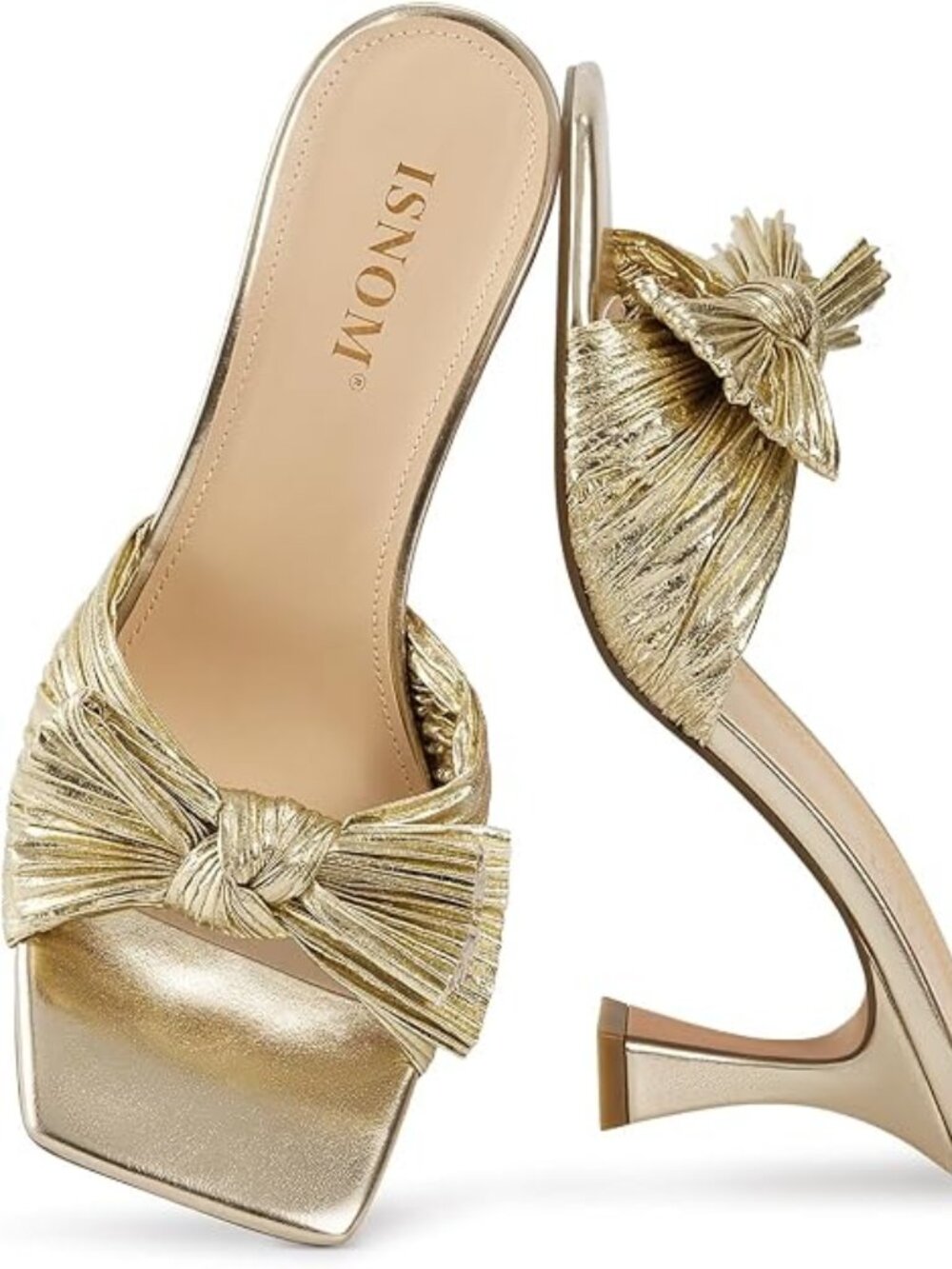 Women's Bow Mule Heels Square Toe Mid Heel Dress Shoes